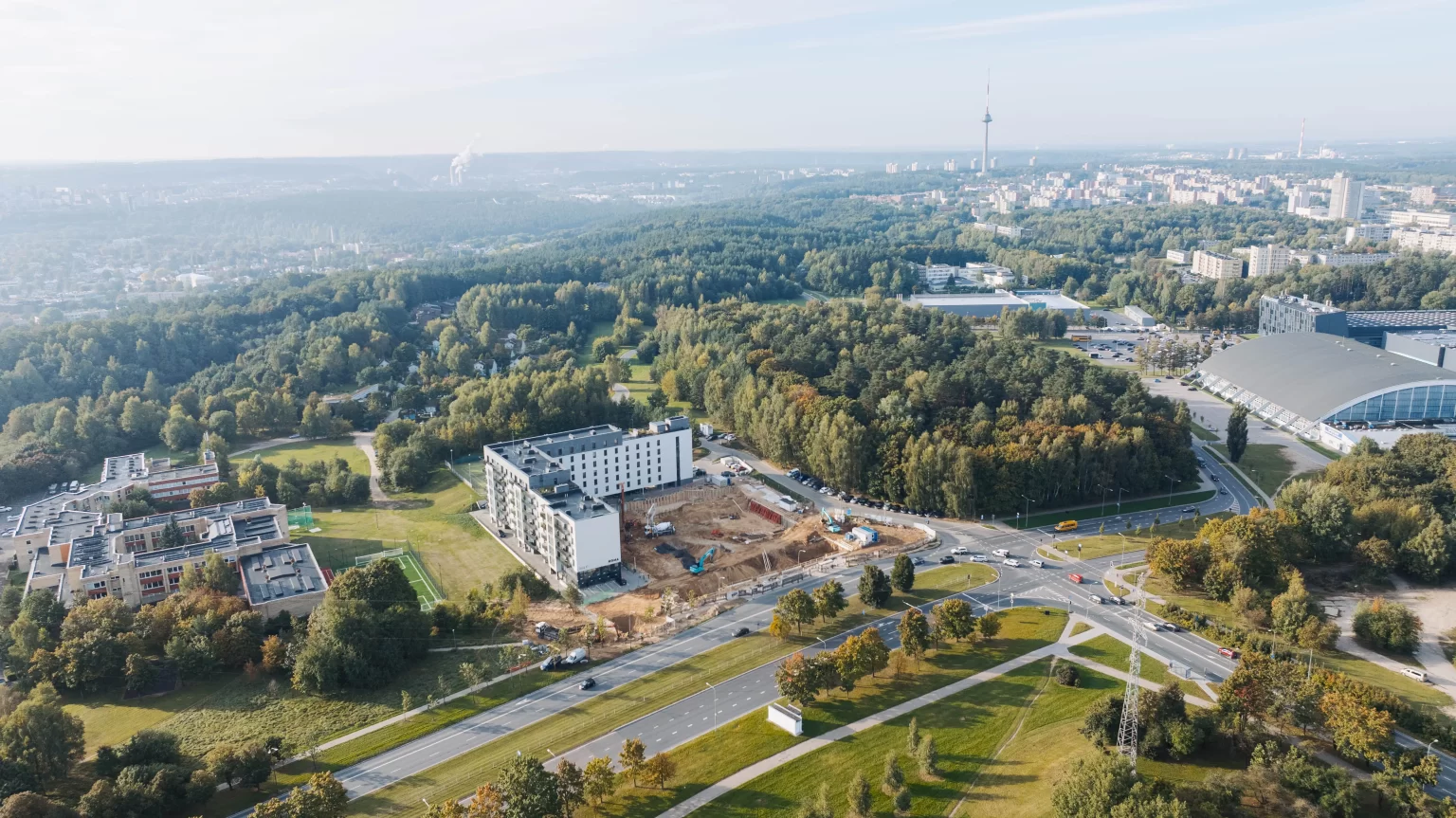 Apylinkės iš paukščio skrydžio – miškingi šlaitai ir miestas (nuotrauka)